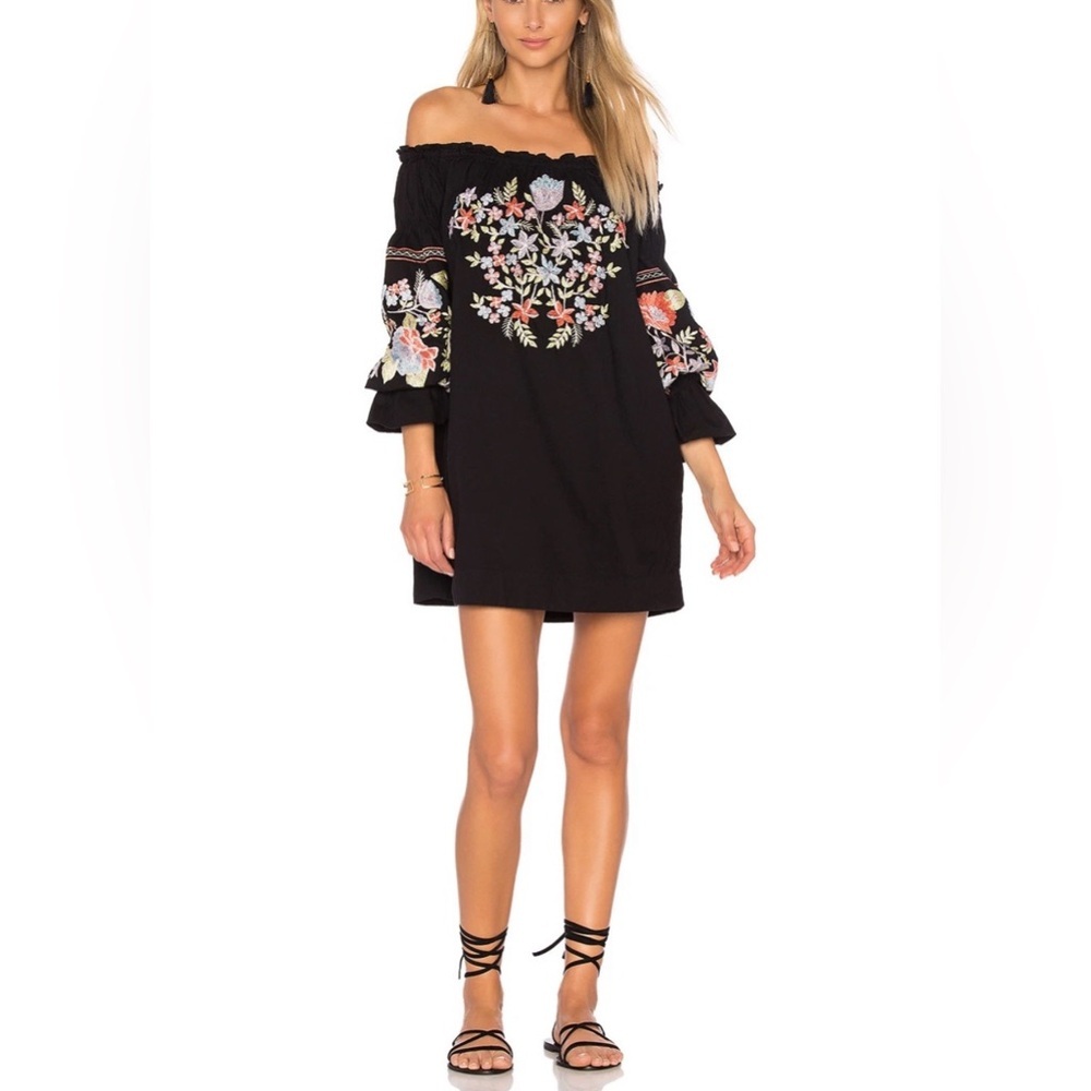 Free People Fleur Du Jour Embroidered Off Shoulder Dress Black Boho NWOT Size L - Picture 1 of 7